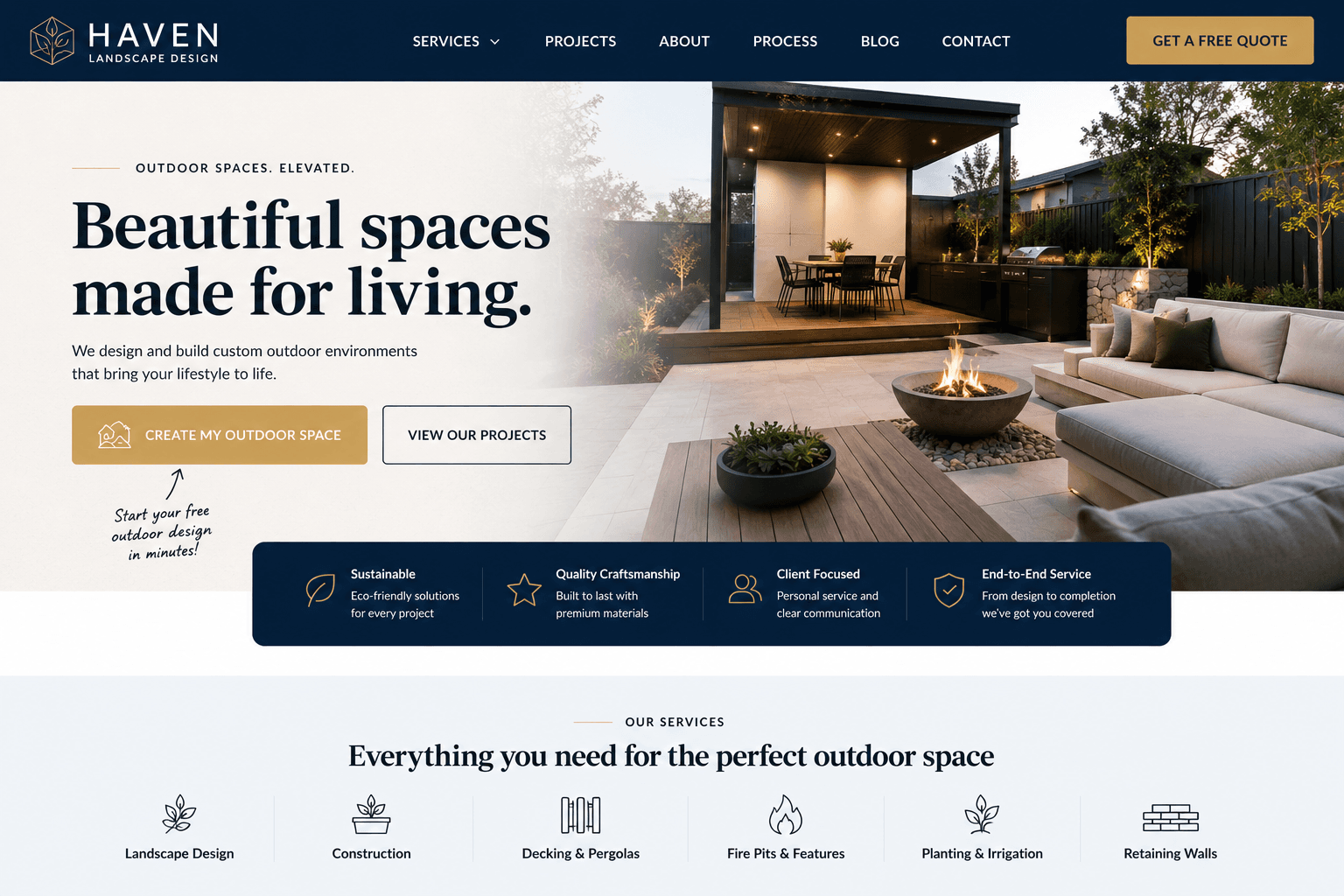 PREJECT custom build website example for Haven Outdoor Architecture